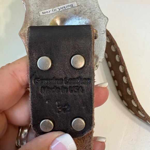 Leather Rock Biker Studded Belt with Skull Buckle